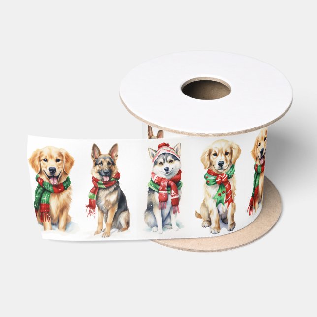 Christmas Dogs Wearing Winter Scarves Satin Ribbon (Spool)