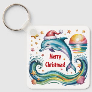 Christmas Dolphin in Tropical Paradise  Keychain