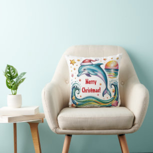 Christmas Dolphin in Tropical Paradise Throw Pillow