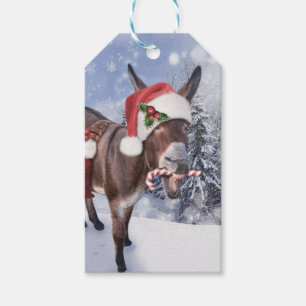 Christmas donkey with funny red hat gift tags