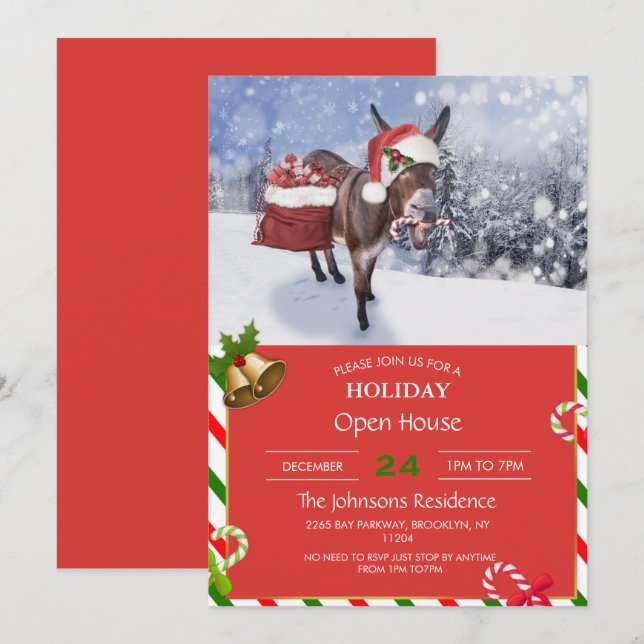 Christmas donkey with funny red hat          invitation (Front/Back)
