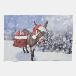 Christmas donkey with funny red hat kitchen towel