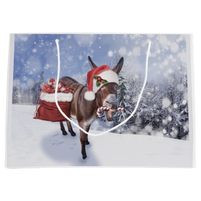 Christmas donkey with funny red hat large gift bag (Front)