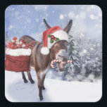 Christmas donkey with funny red hat square sticker<br><div class="desc">donkey mule christmas animal, 
smile cheerful beautiful comic, 
red grey furry happy , 
snow xmas winter fun , 
hat santa claus cute , 
brown nature holiday , 
farm funny , 
christmas donkey mule animal, </div>