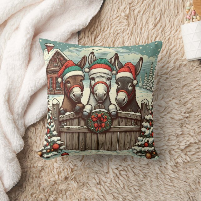 Christmas donkeys peekings throw pillow (Blanket)