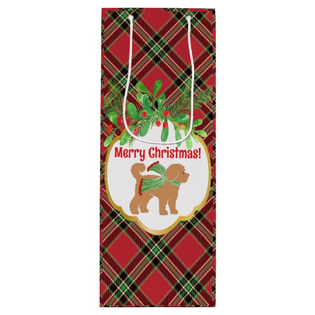 Christmas Doodle Dog Red Plaid Personalized  Wine Gift Bag (Front)