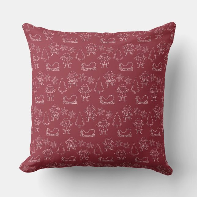 Christmas Doodle Elves & Snowflakes Dark Red Throw Pillow (Front)