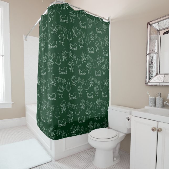 Christmas Doodle Elves & Snowflakes Pine Green (In Situ)
