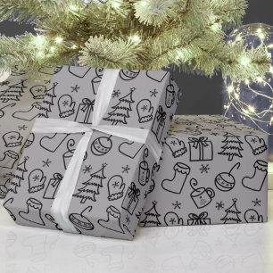 Christmas Doodle Pattern Grey and Black Gift Wrapping Paper