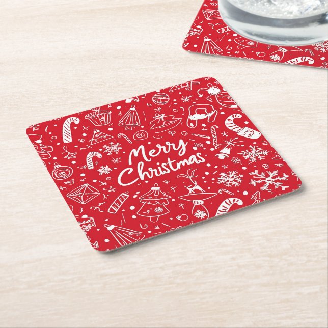Christmas Doodles Red Merry Christmas Square Paper Coaster (Angled)