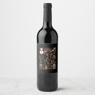 Christmas Doodles Retro Holiday Vintage Trees Wine Label