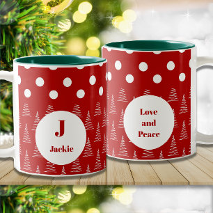 Christmas Dots & Trees Custom Name and Message Two-Tone Coffee Mug