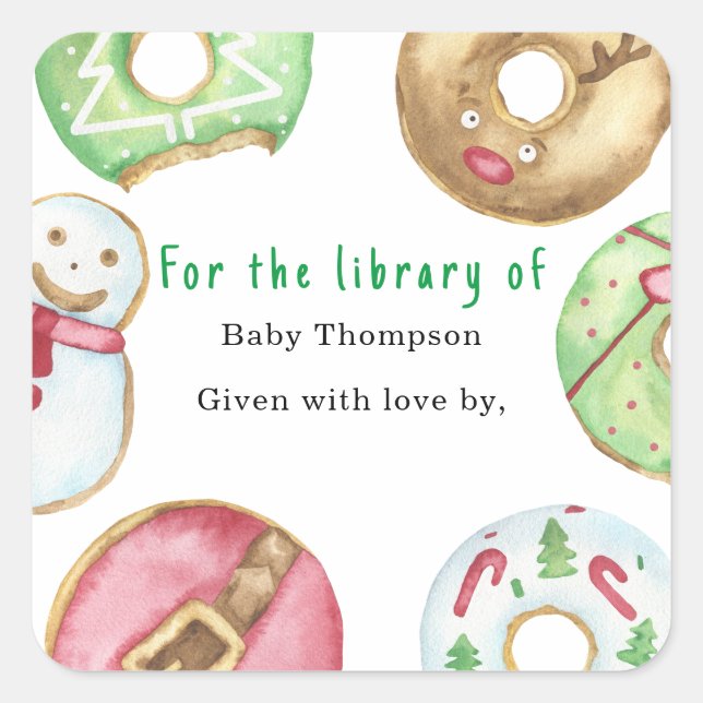 Christmas doughnuts cookies - baby shower bookplat square sticker (Front)