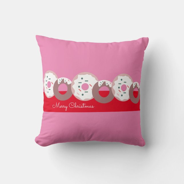 Christmas Doughnuts Sprinkles Bakery  Pink Red Throw Pillow (Front)