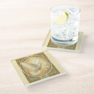 Christmas Dove Art Nouveau Aesthetic Design Glass Coaster