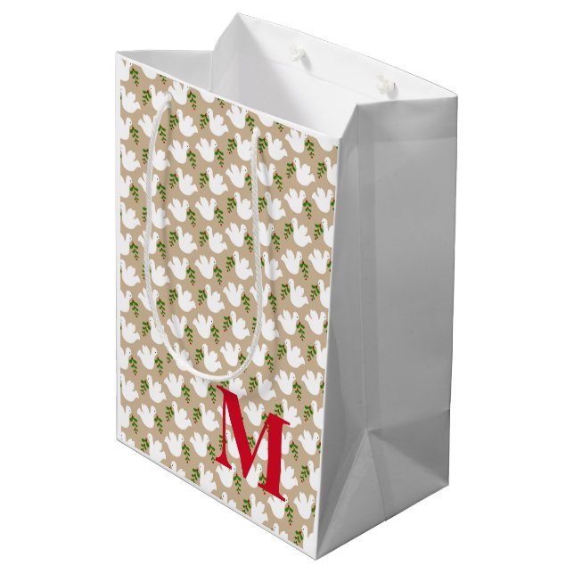 Christmas Dove Branch Faith Peace Love Joy INITIAL Medium Gift Bag (Back Angled)