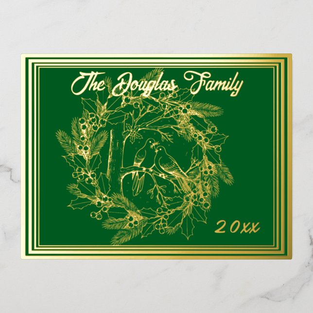 Christmas Doves, Wreath, in Gold with Green Foil Holiday Postcard (Front)