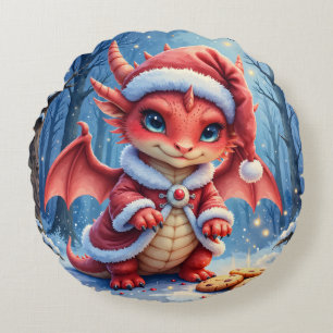 Christmas dragon, too cute to arrest, round pillow
