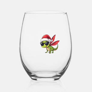 Christmas Dragonfly Santa Hat Funny Xmas Kids Stemless Wine Glass