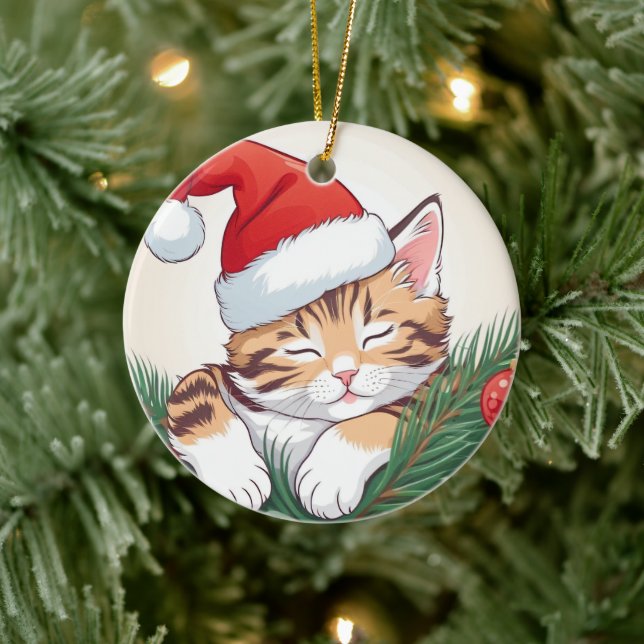 Christmas Dreams - Sleeping Kittens in Santa Hat Ceramic Ornament (Tree)