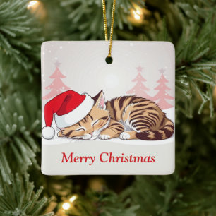 Christmas Dreams - Sleeping Kittens in Santa Hat Ceramic Ornament