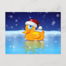Christmas Duck Wearing A Santa Hat In Snowy Night