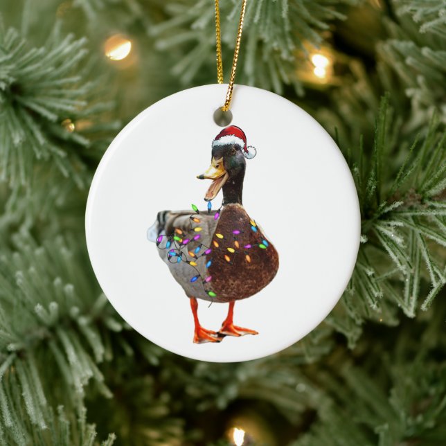 Christmas Duck with hat and lights Ceramic Ornament (Tree)