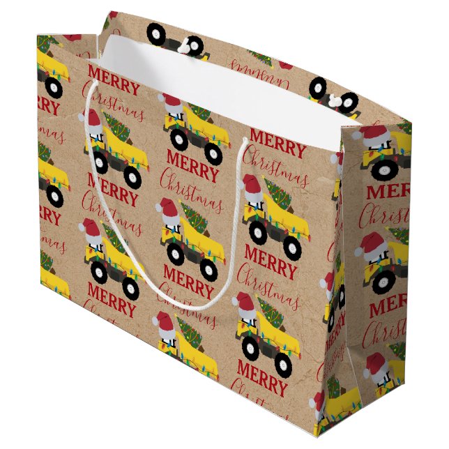 Christmas Dump Truck Construction Trucks  Large Gift Bag (Back Angled)