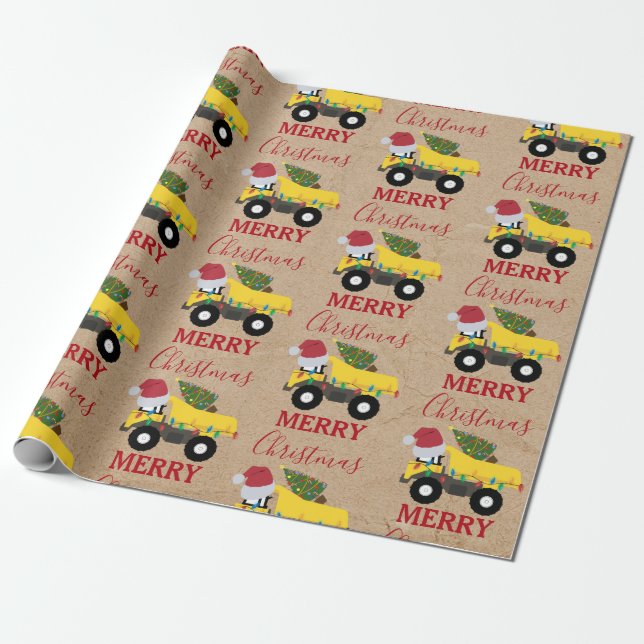 Christmas Dump Truck Construction Trucks Wrapping Paper (Unrolled)