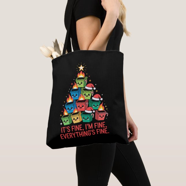 Christmas Dumpster Fire Tree It's Fine I'm Fine Tote Bag (Close Up)