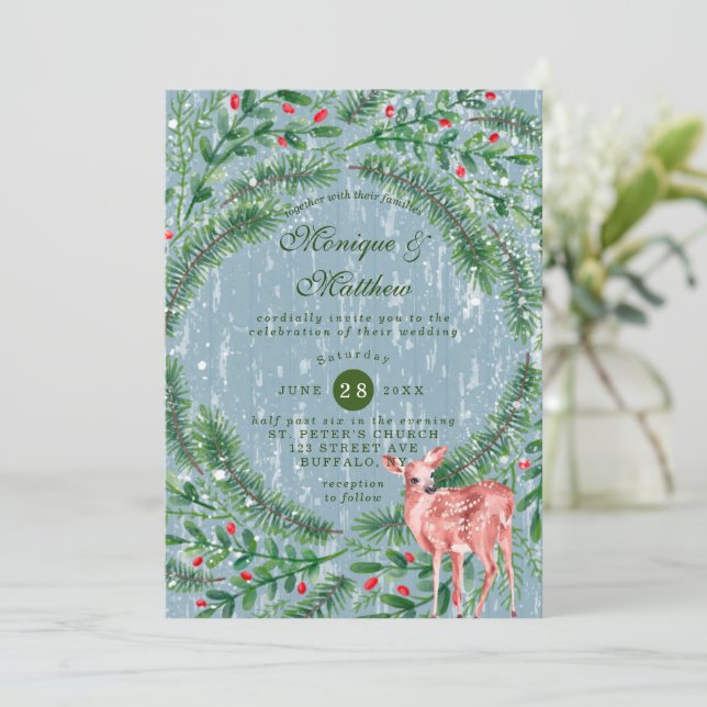 Christmas Dusty Blue Wood Deer Wedding  Invitation (Standing Front)
