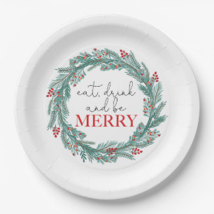 Christmas Eat Drink and Be Merry Wreath Red Party  Paper Plate