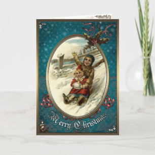 Christmas Elegance Card -  Children ride on a sled