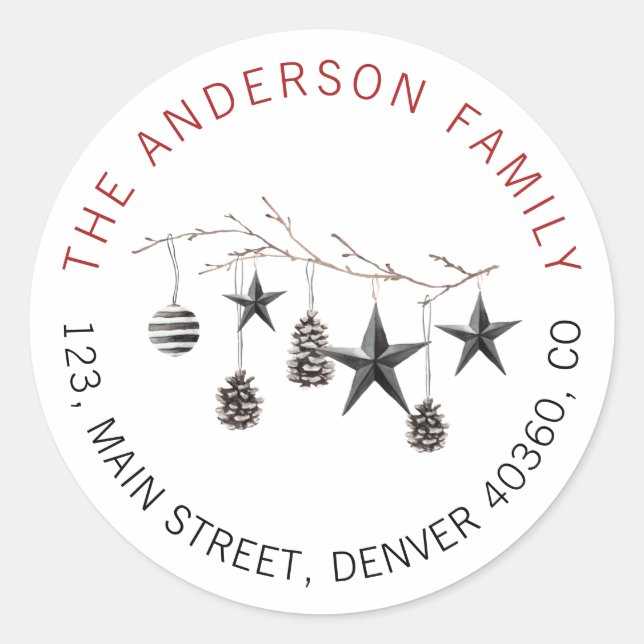 Christmas elegant branch ornament address classic round sticker (Front)