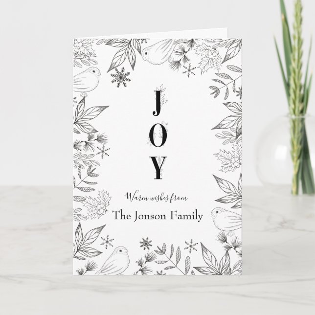Christmas  elegant floral black white script holiday card (Front)