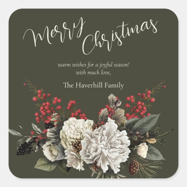 Christmas Elegant Floral Modern Script Family Name Square Sticker (Front)
