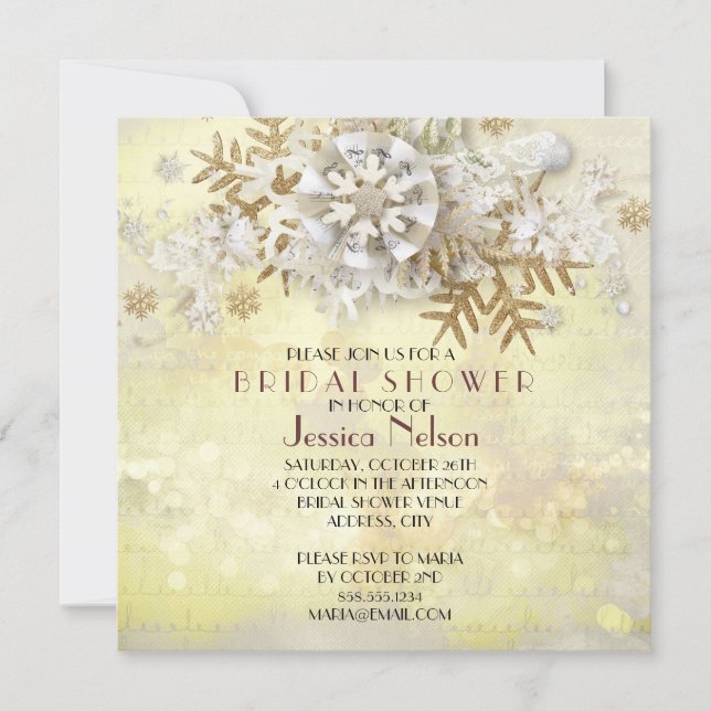 Christmas Elegant Gold Snowflakes Bridal Shower Invitation (Front)
