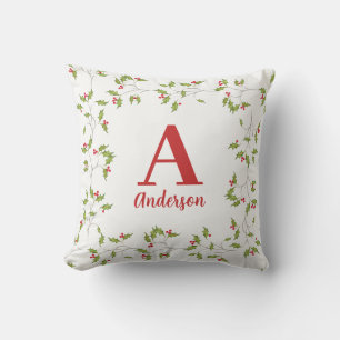 Christmas Elegant Holiday Holly Monogram Greenery Throw Pillow