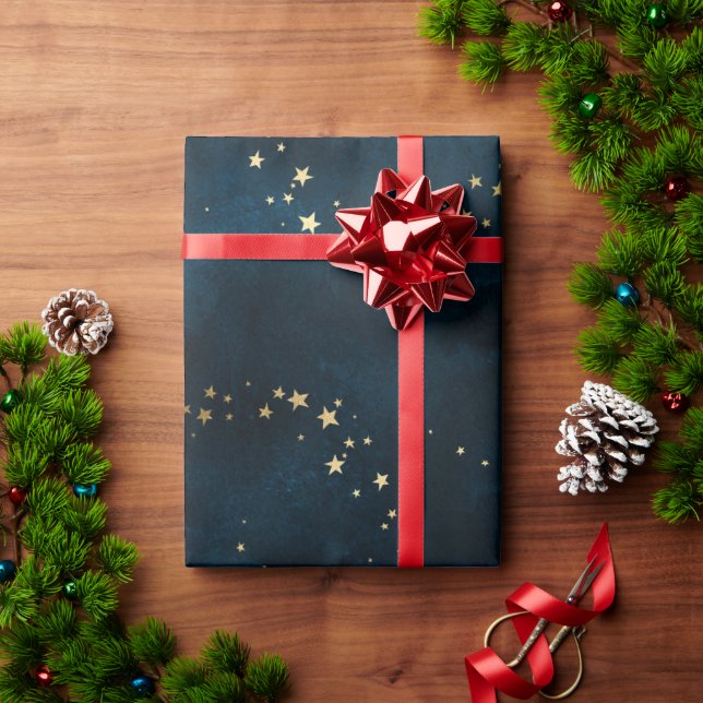 Christmas elegant luxury gold stars pattern blue w wrapping paper (Holiday Gift)