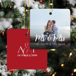 Christmas Elegant Photo Mr. and Mrs. Simple Ceramic Ornament