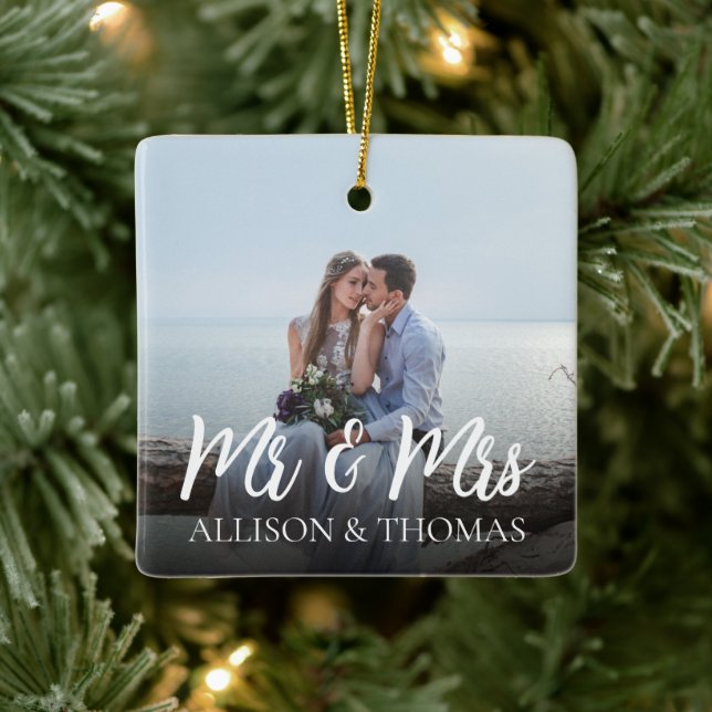 Christmas Elegant Photo Mr. and Mrs. Simple Ceramic Ornament (Tree)