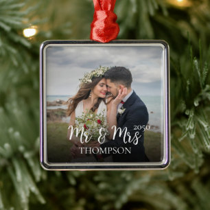 Christmas Elegant Photo Mr. and Mrs. Simple  Metal Ornament