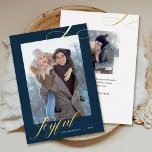 Christmas Elegant Script Joyful Photo Gold Foil Holiday Card<br><div class="desc">This elegant photo Christmas card offers a vertical photo on the front and a smaller square photo on the back. The modern swirly script text "Joyful" appears in real gold foil on a dark blue background. Add your custom message on the backside.</div>