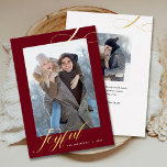 Christmas Elegant Script Joyful Photo Gold Foil Holiday Card<br><div class="desc">This elegant photo Christmas card offers a vertical photo on the front and a smaller square photo on the back. The modern swirly script text "Joyful" appears in real gold foil on a dark red background. The backside offers custom text for you to add a personal message.</div>