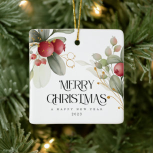 Christmas Elegant Watercolor Berry Classic Round S Ceramic Ornament