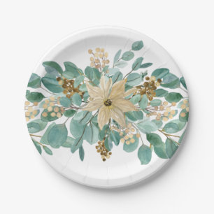 Christmas Elegant White Poinsettia Eucalyptus Paper Plate