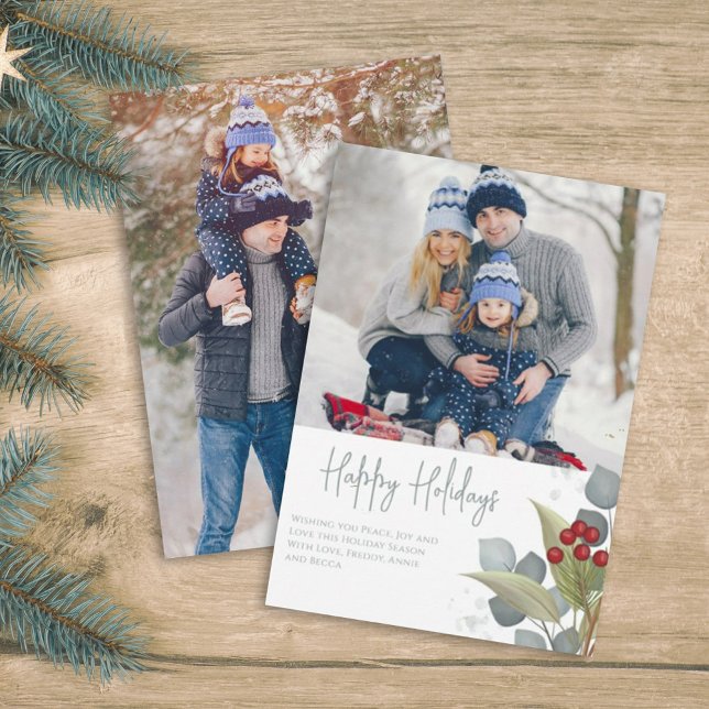 Christmas Elegant Winter Holly Berries 2 Photo Holiday Card (Creator Uploaded)