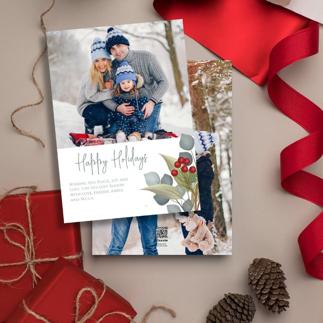 Christmas Elegant Winter Holly Berries 2 Photo Holiday Card (Happy Holidays cute calligraphy script eucalyptus greenery photo greeting card)