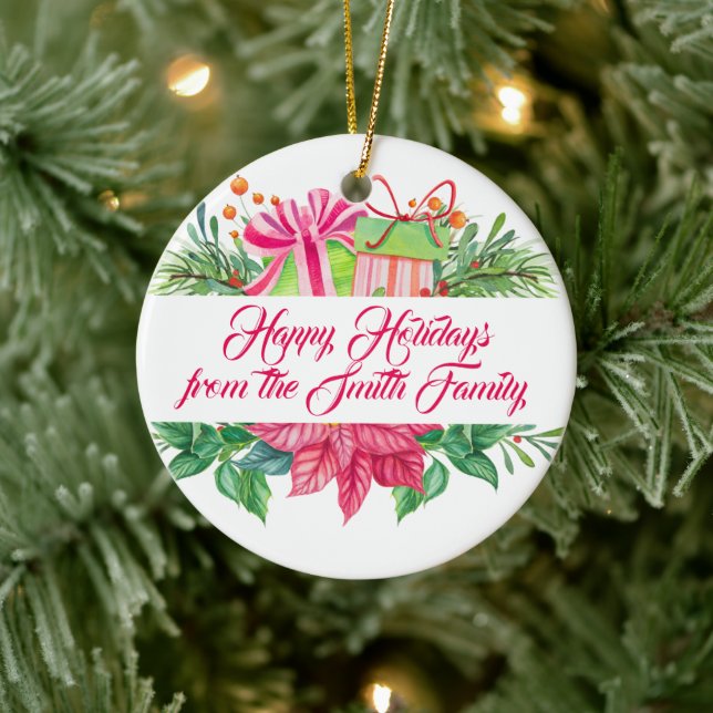 Christmas Elements Happy Holidays Photo Ceramic Ornament (Tree)