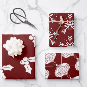 Christmas Elements on Burgundy Wrapping Paper